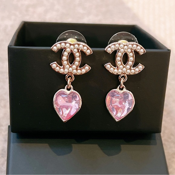 CHANEL Jewelry - CHANEL Pink Heart Earrings with Pearl Accents